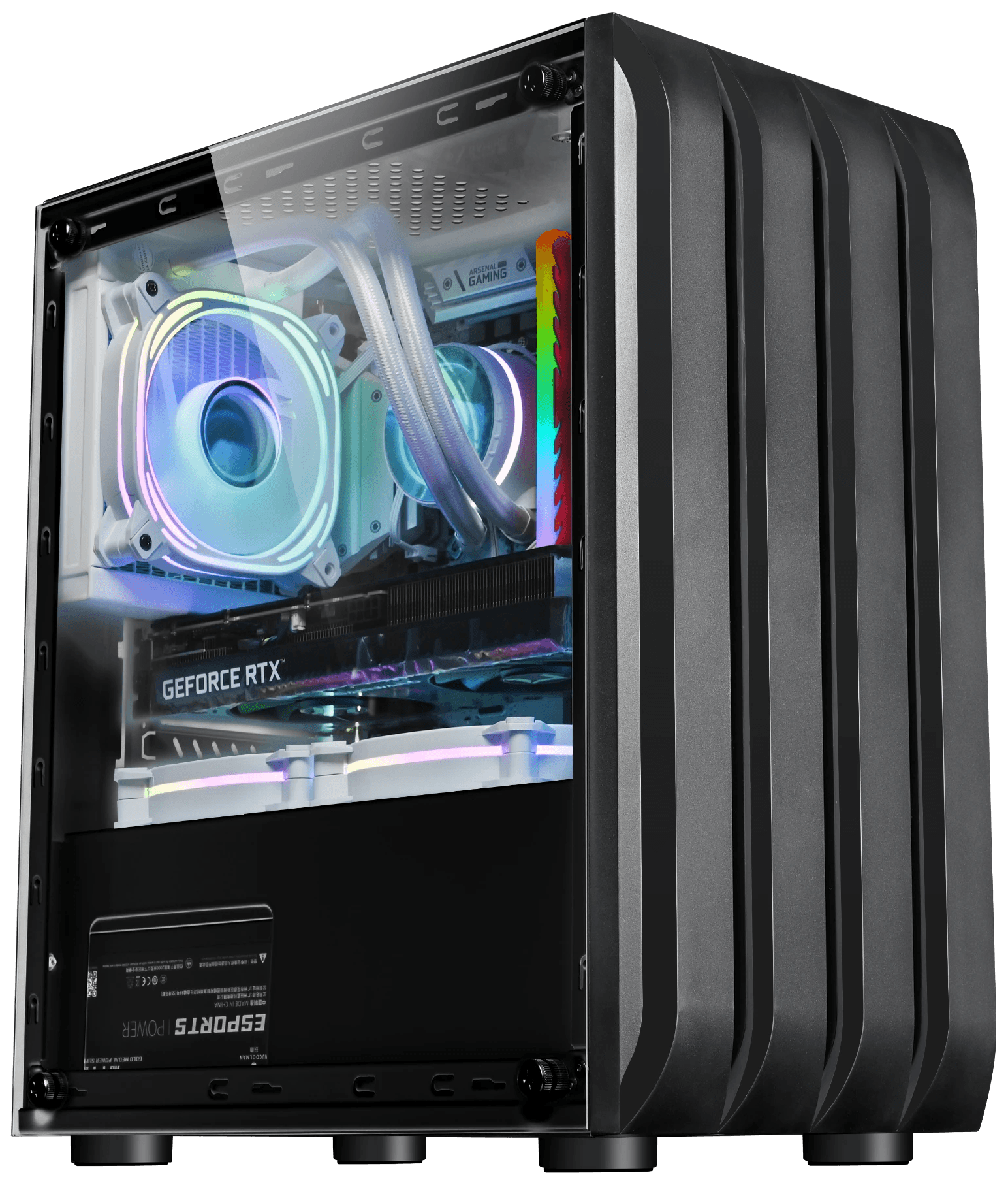 Showcase your commitment to high-end gaming with this stunning gaming PC, perfect for the most demanding games and software. The image displays a cutting-edge, clear-sided gaming tower that highlights an intricate cooling system with vibrant RGB lighting, essential for optimizing performance and enhancing visual appeal. This setup is ideal for gamers seeking a powerful machine that not only performs exceptionally but also doubles as a striking centerpiece in any gaming setup.