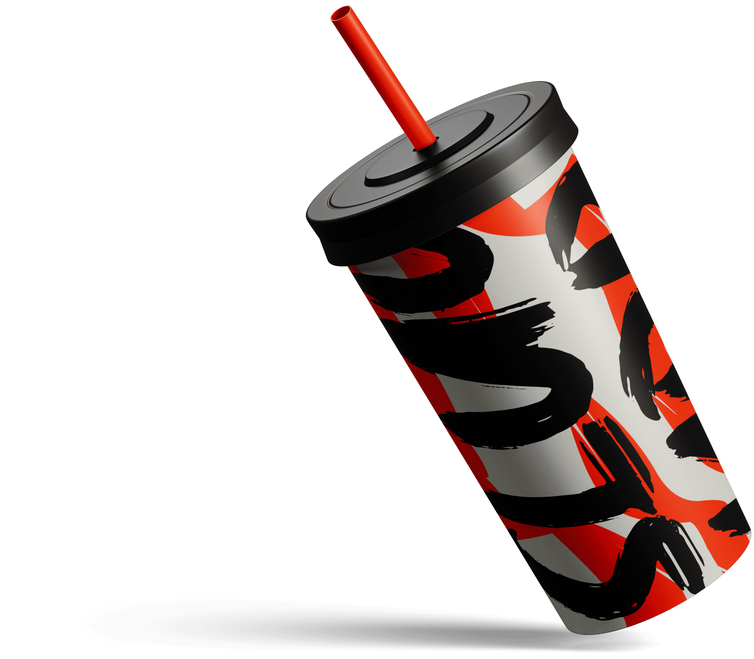 Chips & Chicks branded drink cup — tall tumbler with black lid and red straw featuring bold black and red brush-stroke typography wrap design — beverage packaging design by Makers' Studio