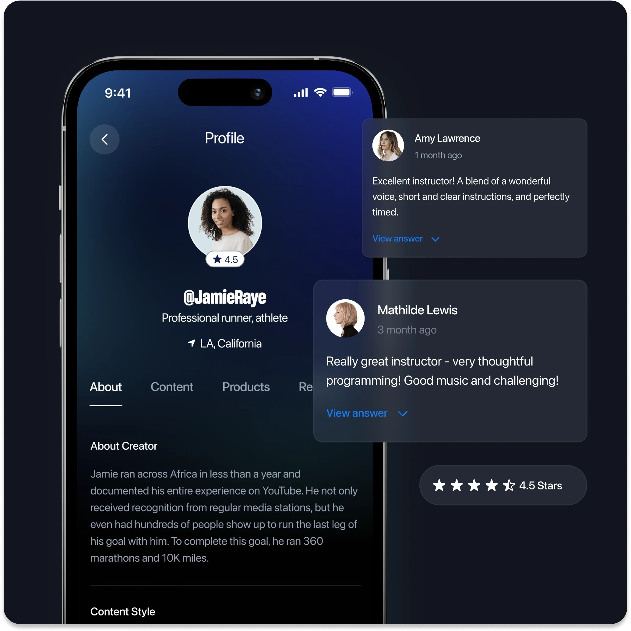 A mobile profile screen of Jamie Raye, a professional runner and athlete based in LA, California, with a 4.5-star rating. Below the profile photo and username is a bio mentioning Jamie’s running achievements across Africa. Two user reviews are overlaid on the right—one by Amy Lawrence praising clear instructions and voice, and another by Mathilde Lewis highlighting thoughtful programming and good music. A 4.5-star average rating is shown at the bottom.