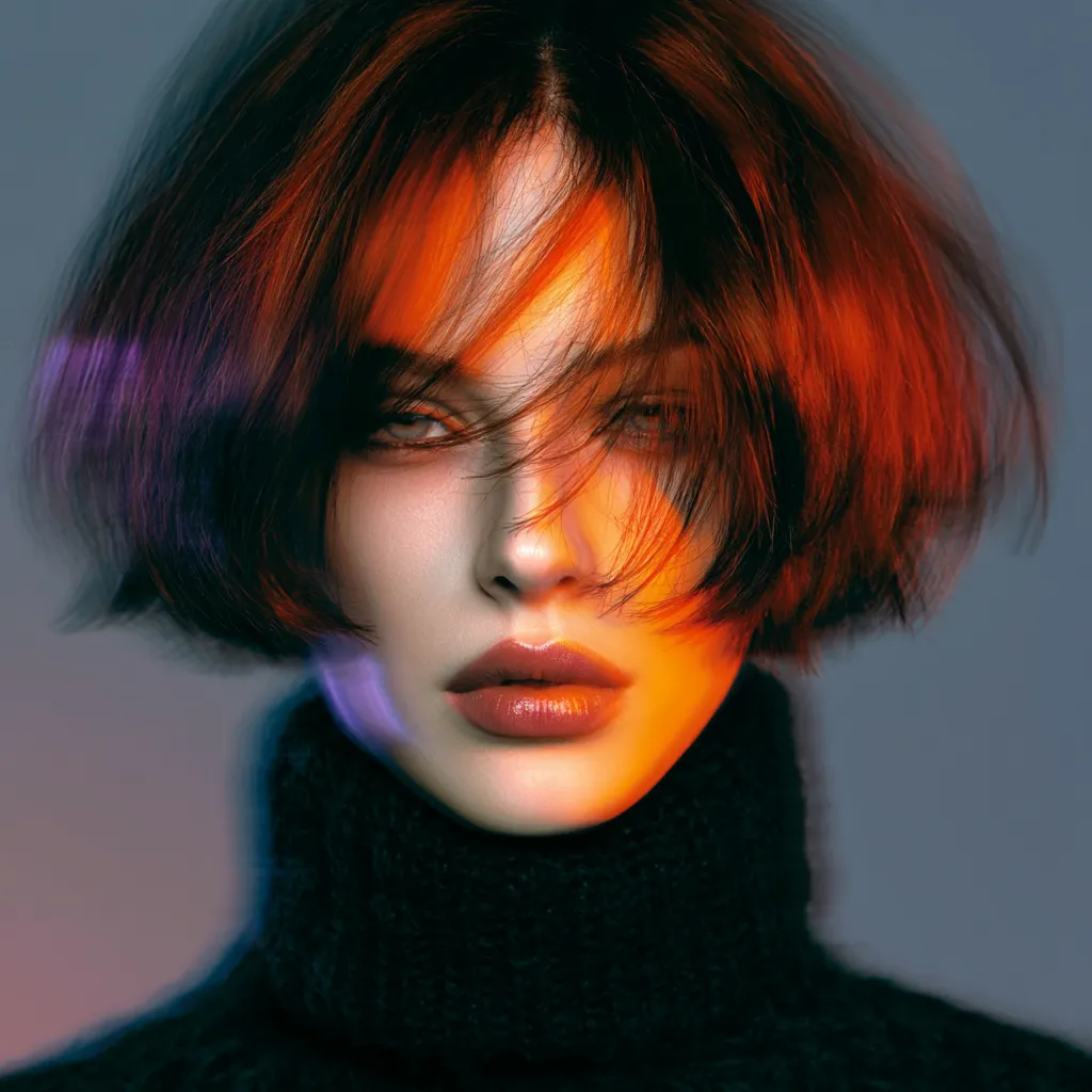 Ritratto ravvicinato di donna con caschetto rosso mosso, luce arancione sul volto, ombre fredde e maglione nero a collo alto.
