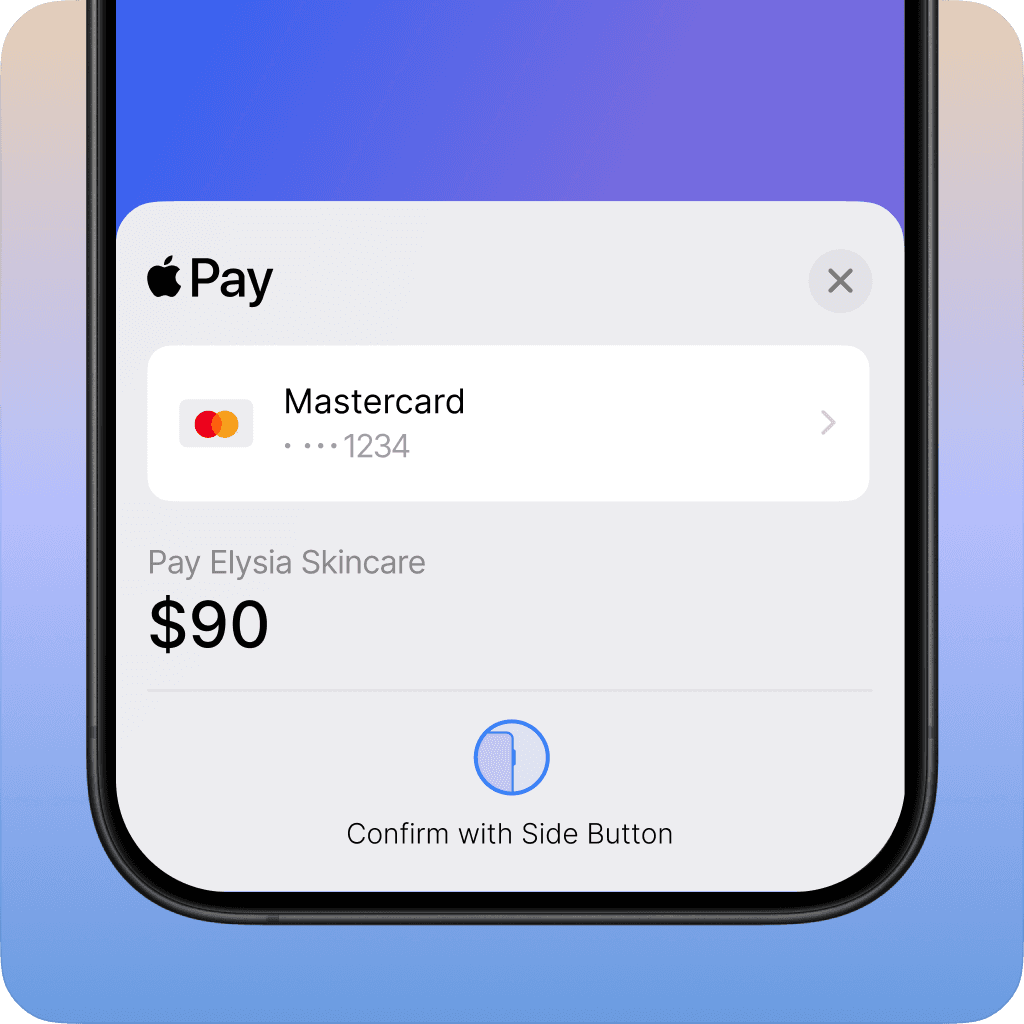 Apple Pay confirmation screen showing a $90 payment to Elysia Skincare using a Mastercard.