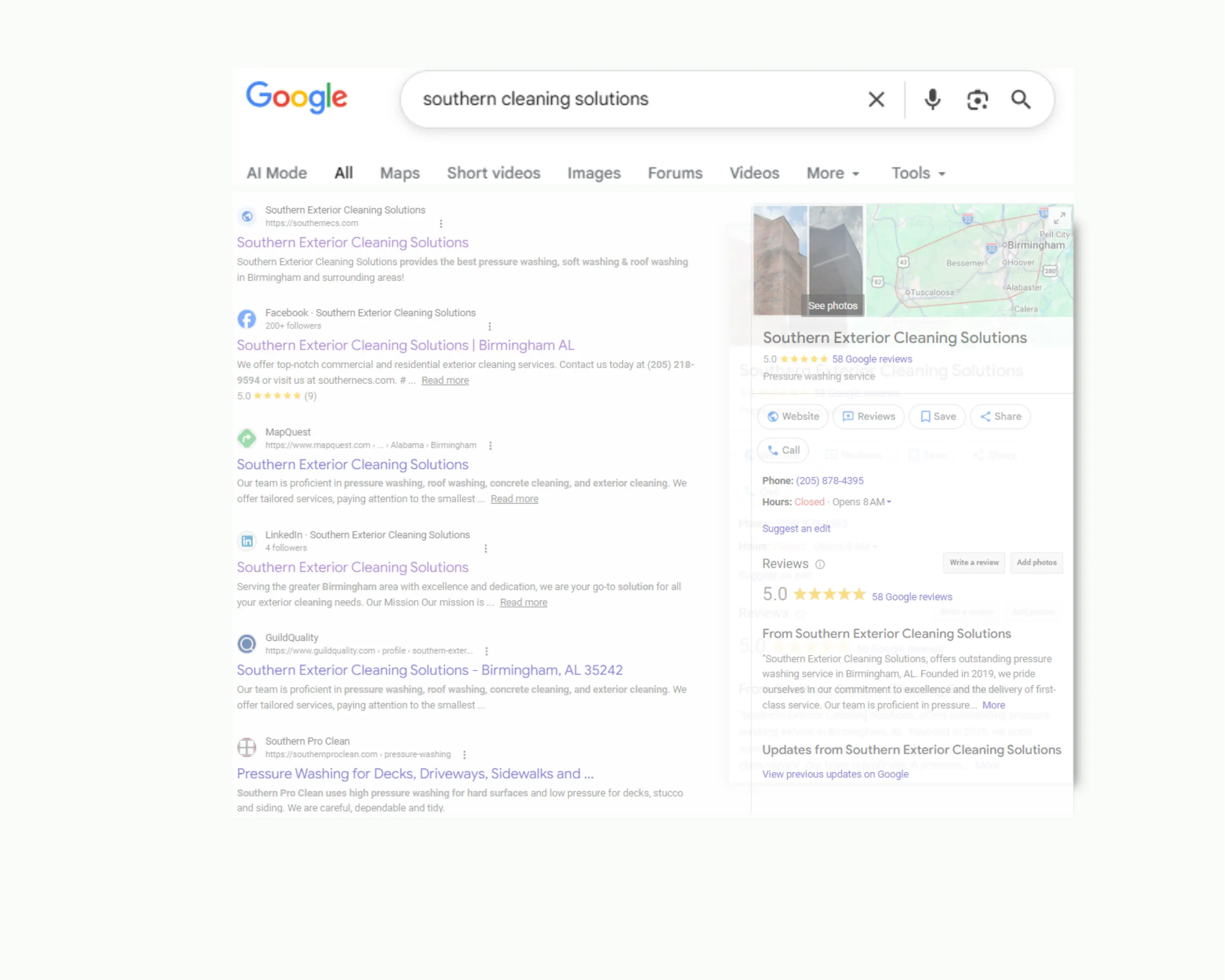 Google search results for Southern Exterior Cleaning Solutions in Birmingham, Alabama.