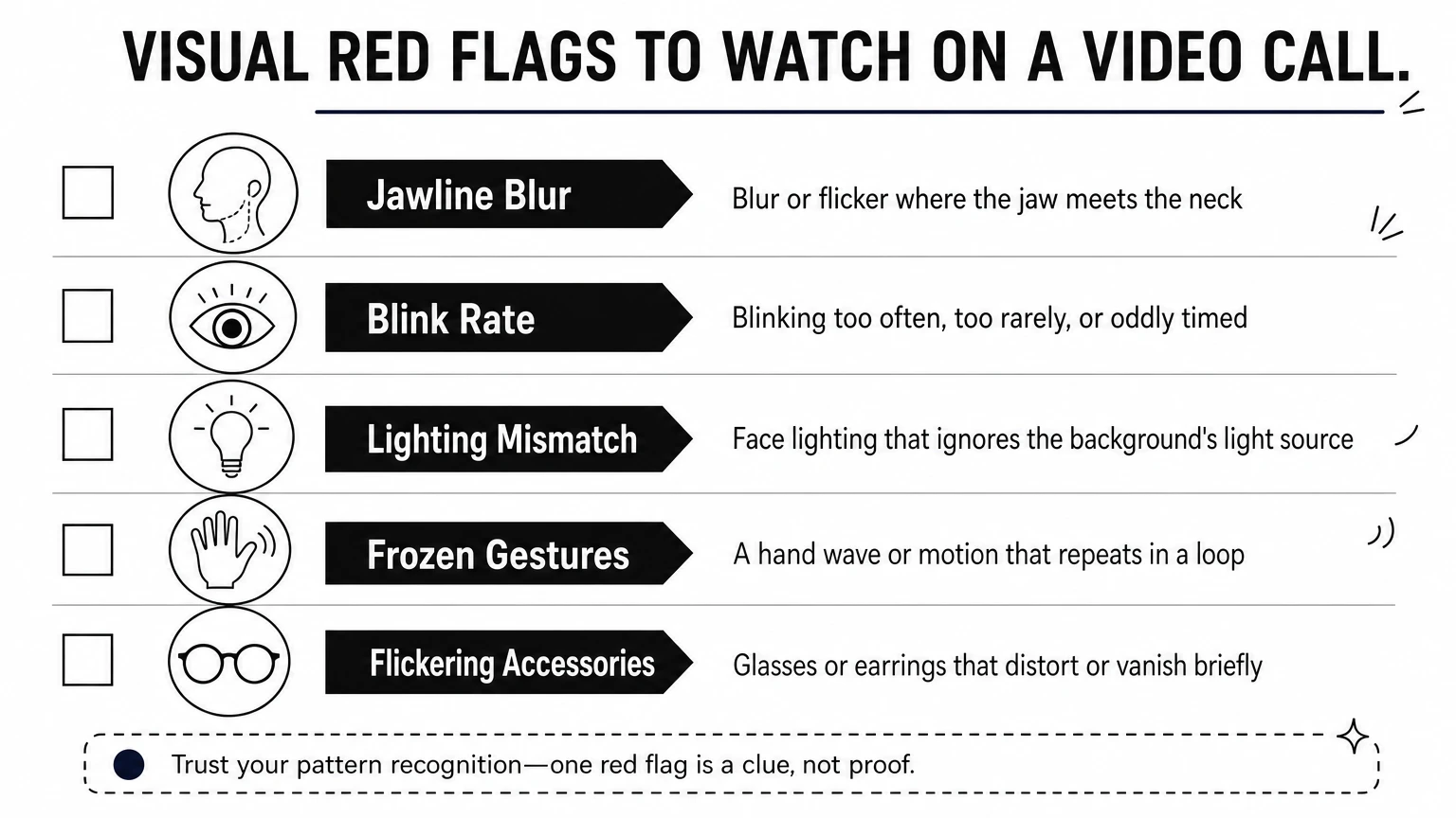 A checklist infographic listing five visual warning signs of a deepfake video call.