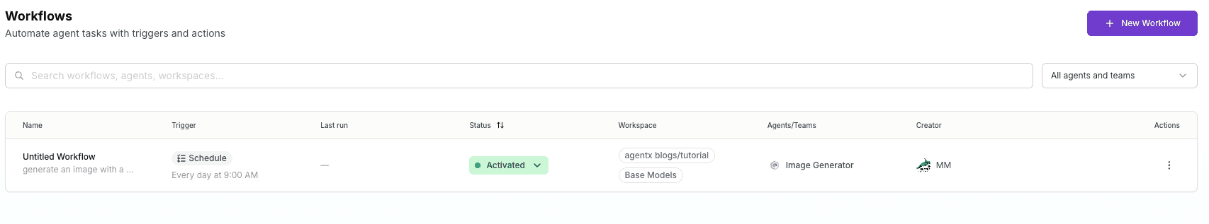 workflows view with trigger