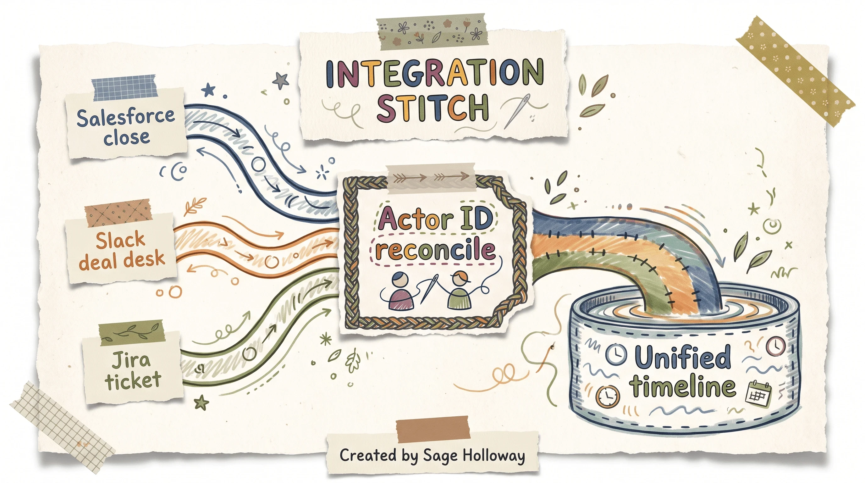 Scrapbook blueprint diagram stitching Salesforce, Slack, and Jira events into one actor timeline