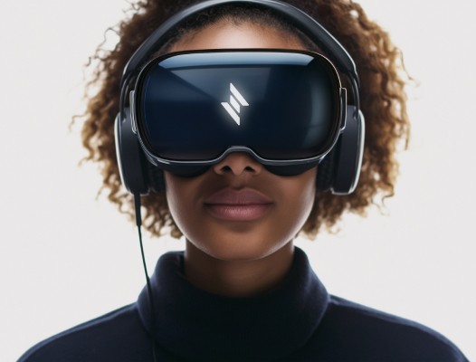 Apple Vision Pro on a womans face and a glowing Embark Logo