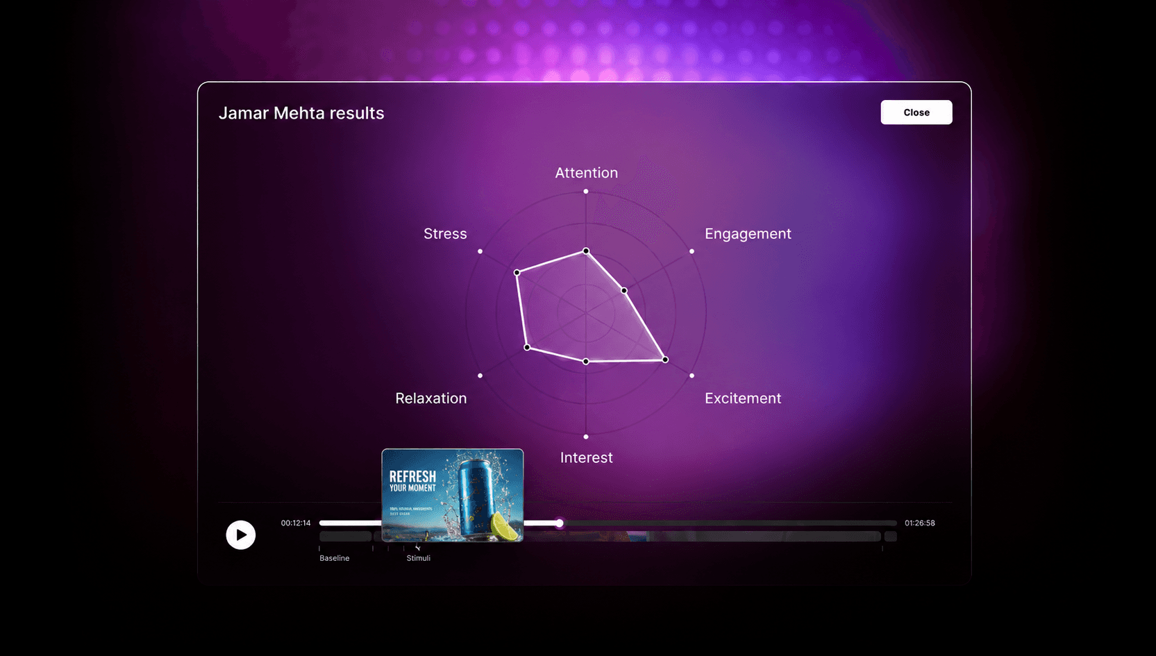 Emotiv Studio results dashboard displaying neuroscience-based audience-response metrics for a beverage advertisement. A radar chart visualizes attention, engagement, excitement, interest, relaxation, and stress levels, while a synchronized timeline maps cognitive and emotional responses to specific moments in the ad. A thumbnail of a beverage campaign appears below the chart, illustrating creative performance analysis, advertising effectiveness testing, and neuromarketing research using EEG-based insights.