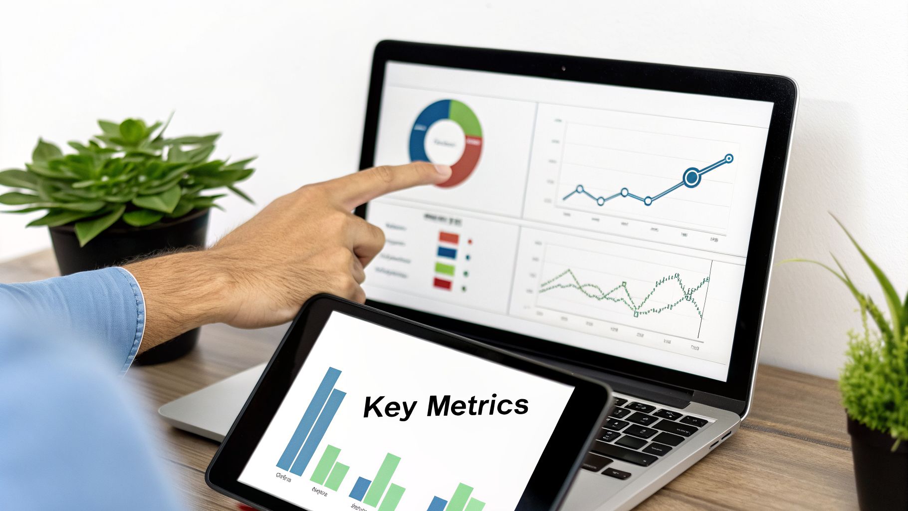 A person's hand interacting with a laptop displaying business analytics, with a tablet showing 'Key Metrics'.