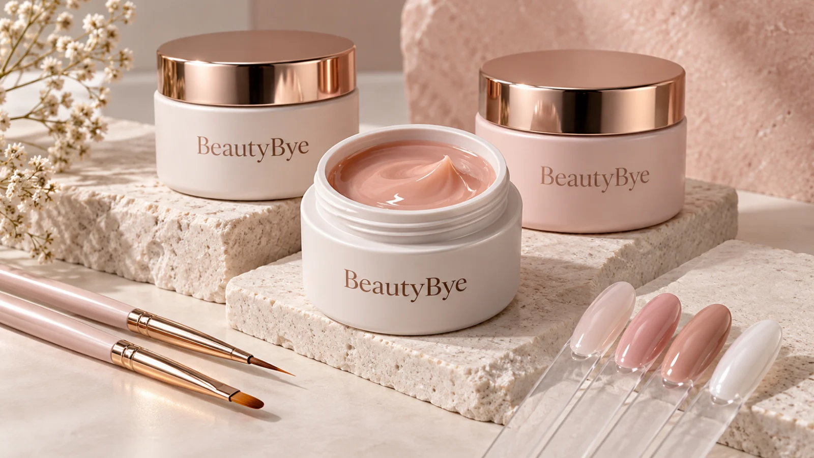 BeautyBye builder gel pots, nail brushes and nude swatches on a blush studio background