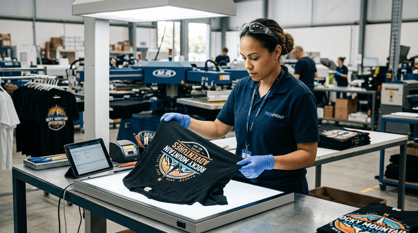 Printful production facility worker checking t-shirt quality