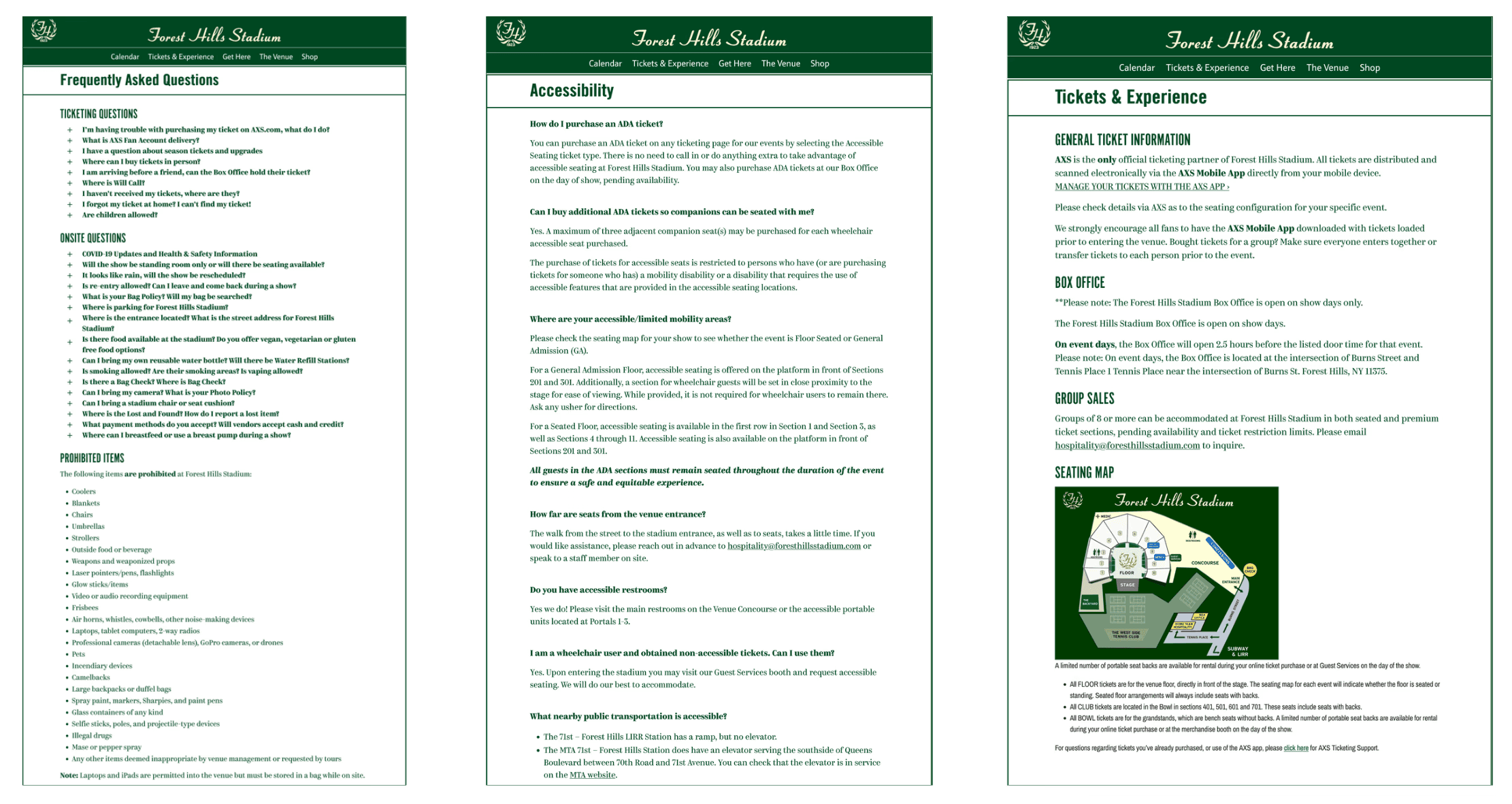 Three Forest Hills Stadium website pages: FAQ, Accessibility info, and Tickets & Experience with green headers and text-heavy layouts