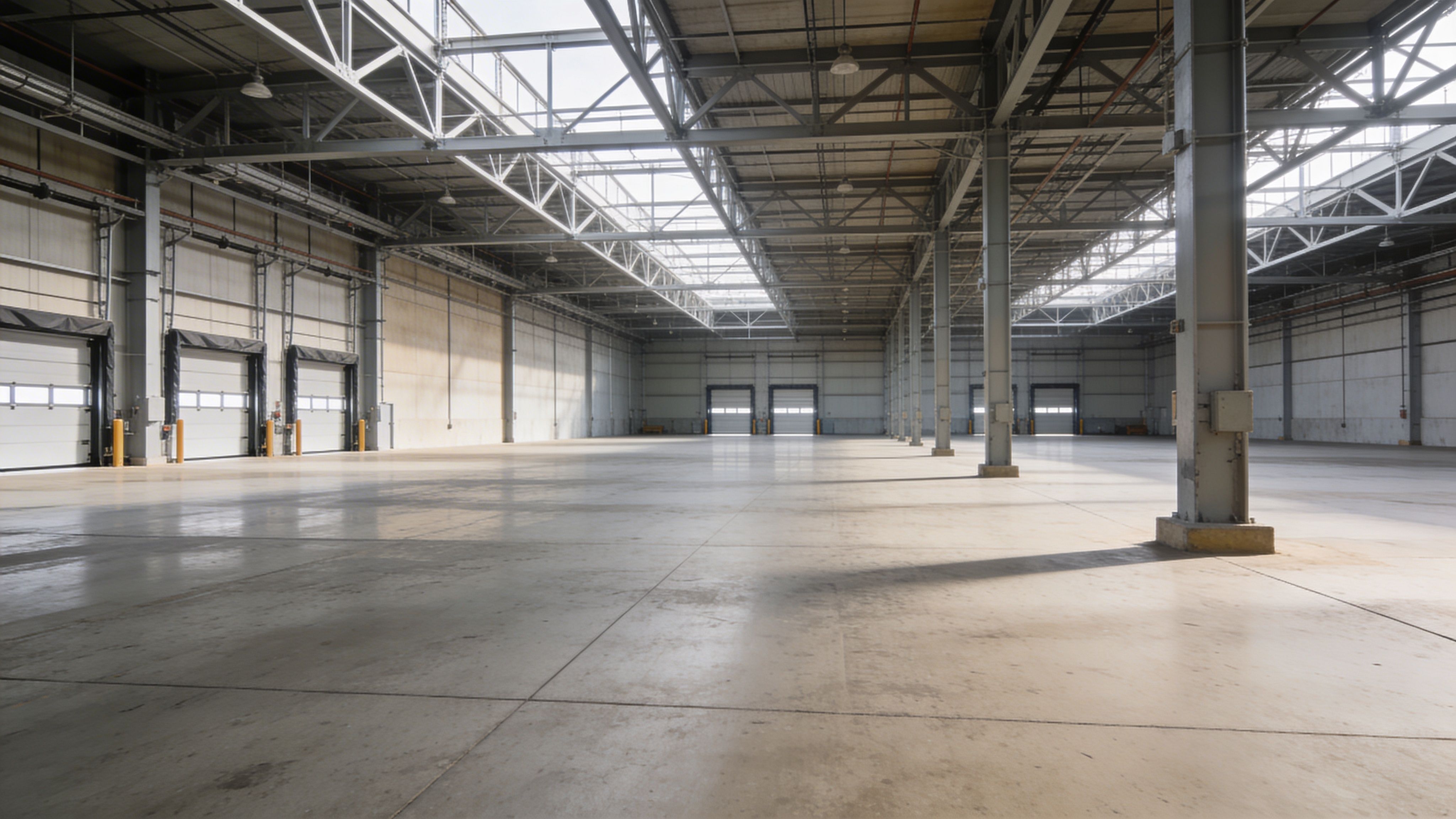 Large empty warehouse space with high ceilings and structural beams, clean and open industrial environment