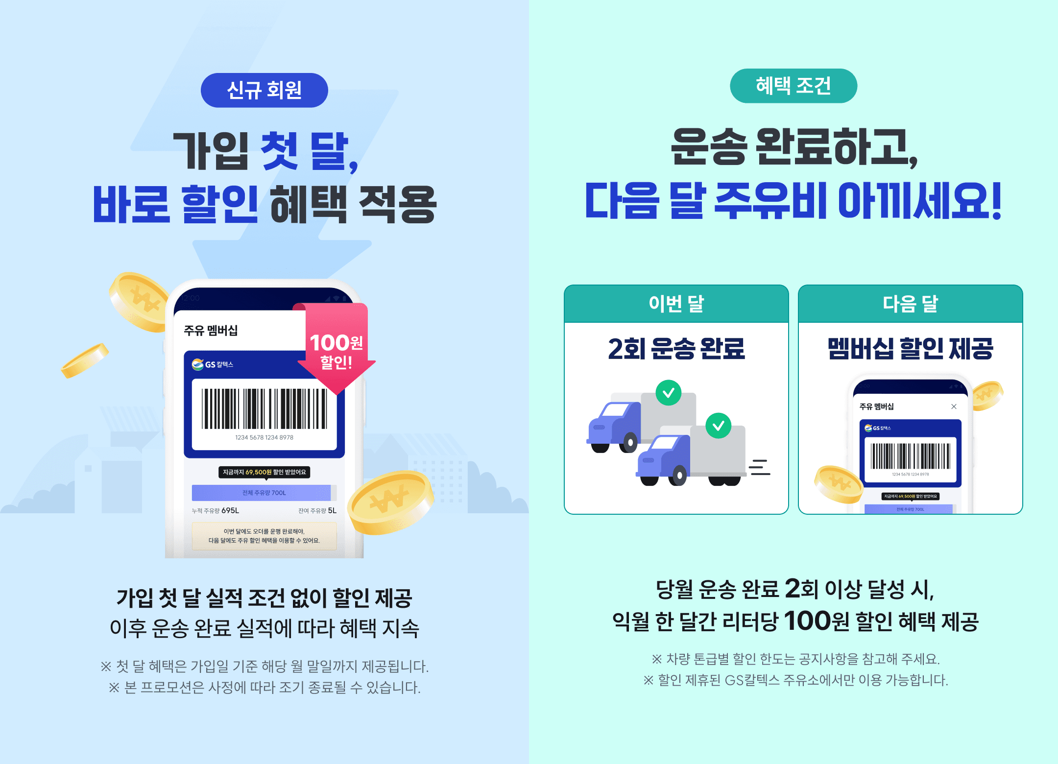 더 운반 주유 멤버십은 당월 운송실적 2회 달성시 익월 한달간 혜택이 제공되지만, 가입 첫 달에는 운송실적과 무관하게 혜택이 제공된다.