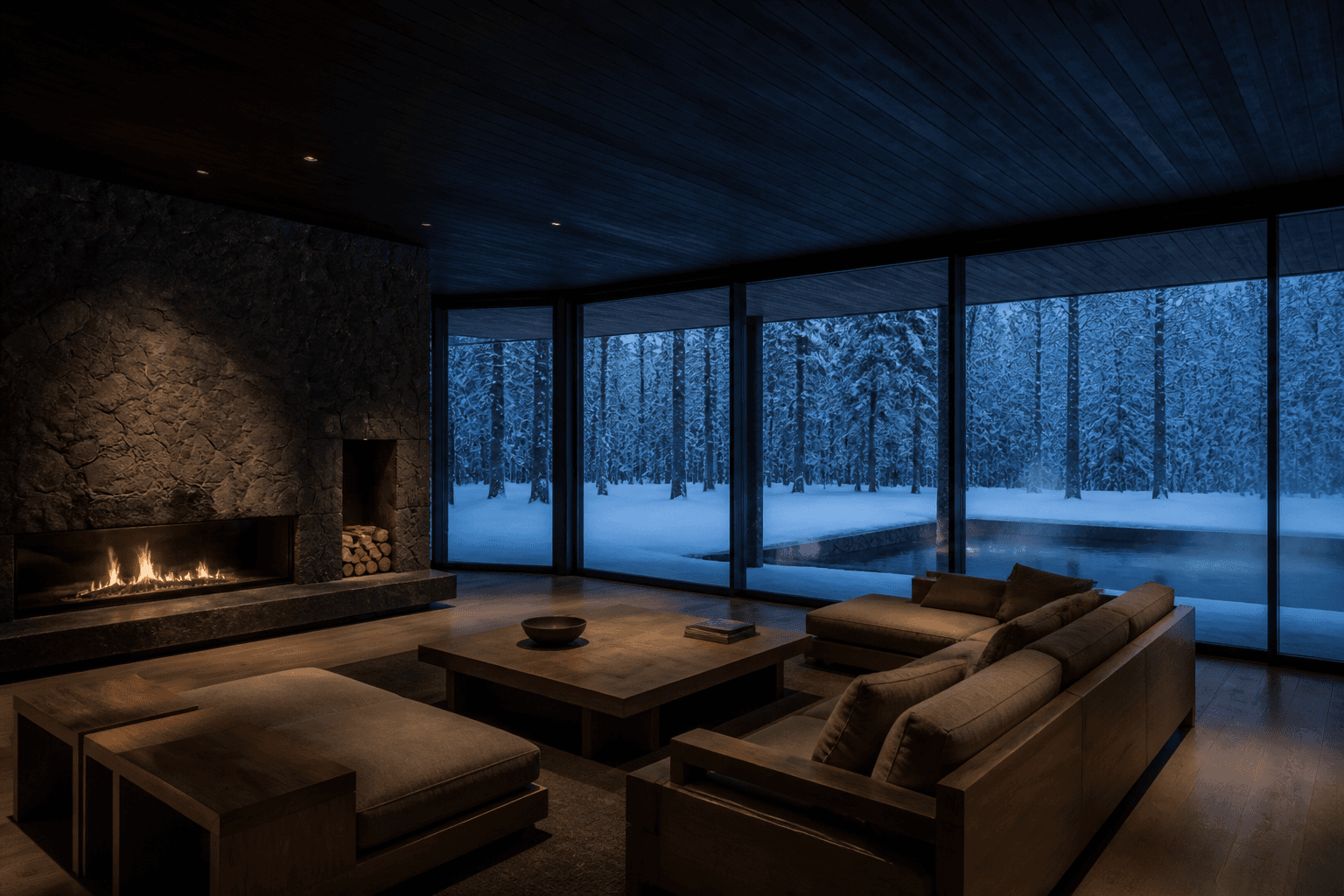 Interior and spatial view of Hush Ridge, a blackened-cedar alpine retreat in deep snow in Niseko, Japan