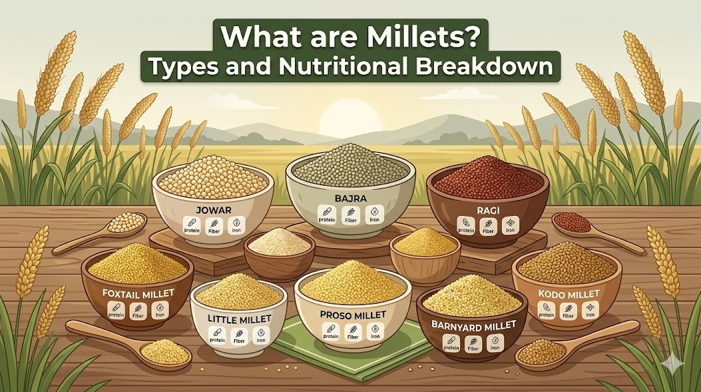A detailed infographic illustration titled 'What are Millets? Types and Nutritional Breakdown'. Eight labeled bowls (Jowar, Bajra, Ragi, Foxtail, Little, Proso, Barnyard, Kodo Millet) on a wooden table display various grains with icons showing their protein, fiber, and iron content. A millet field and sunset landscape is in the background.
