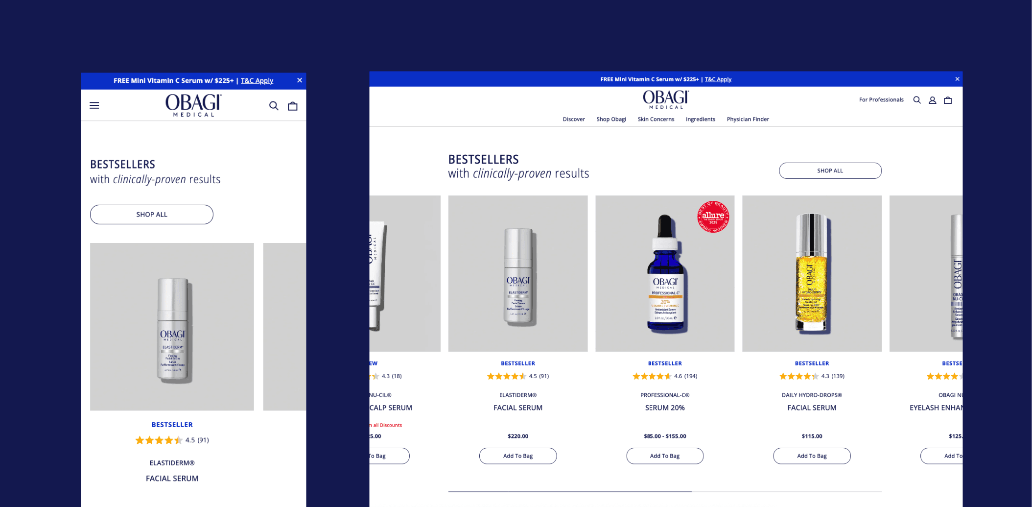 Obagi Shopify storefront showcasing clinical skincare products