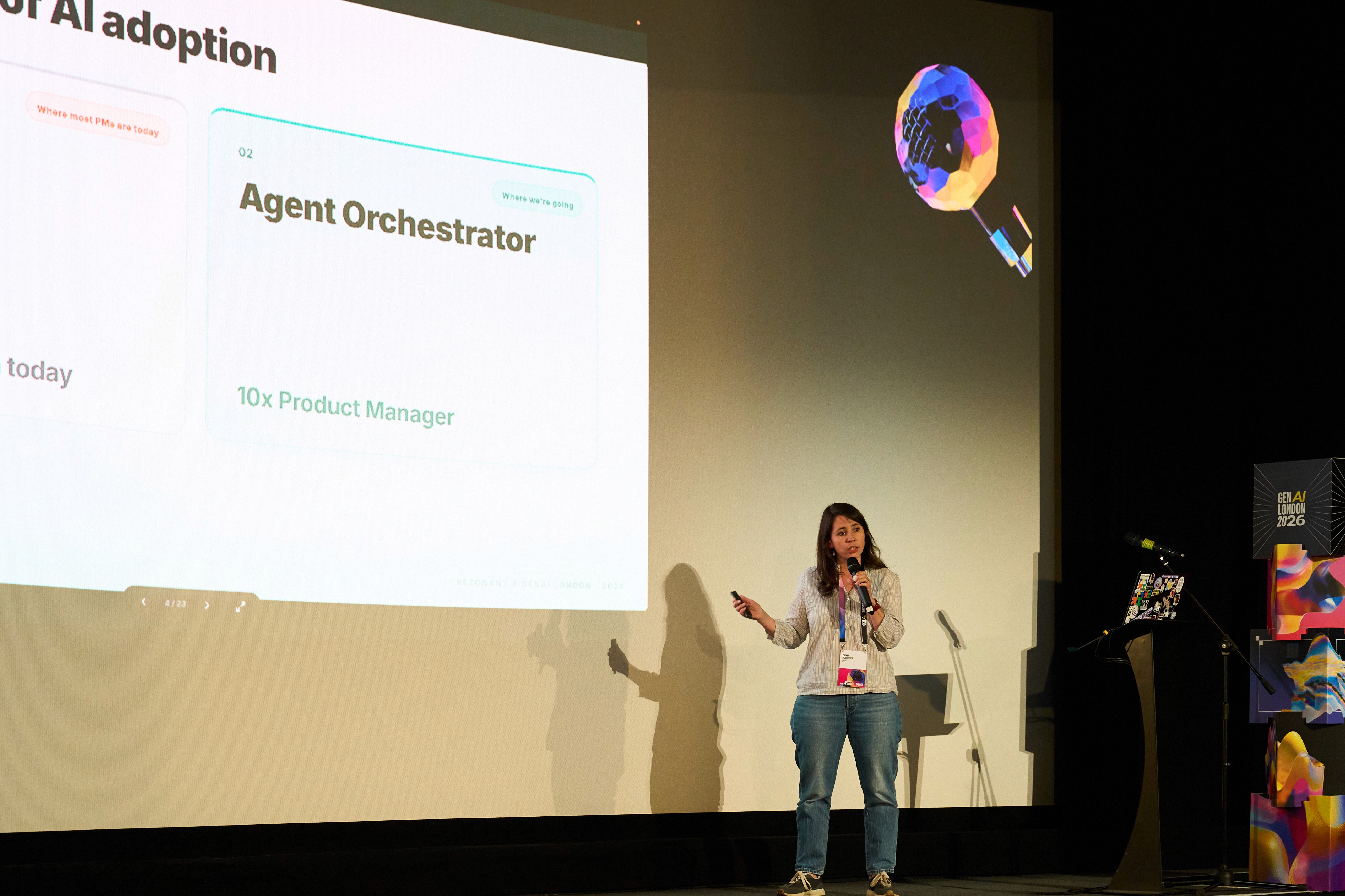 A speaker presenting how to become an agent orchestrator at the GenAI London 2026 Warm Up