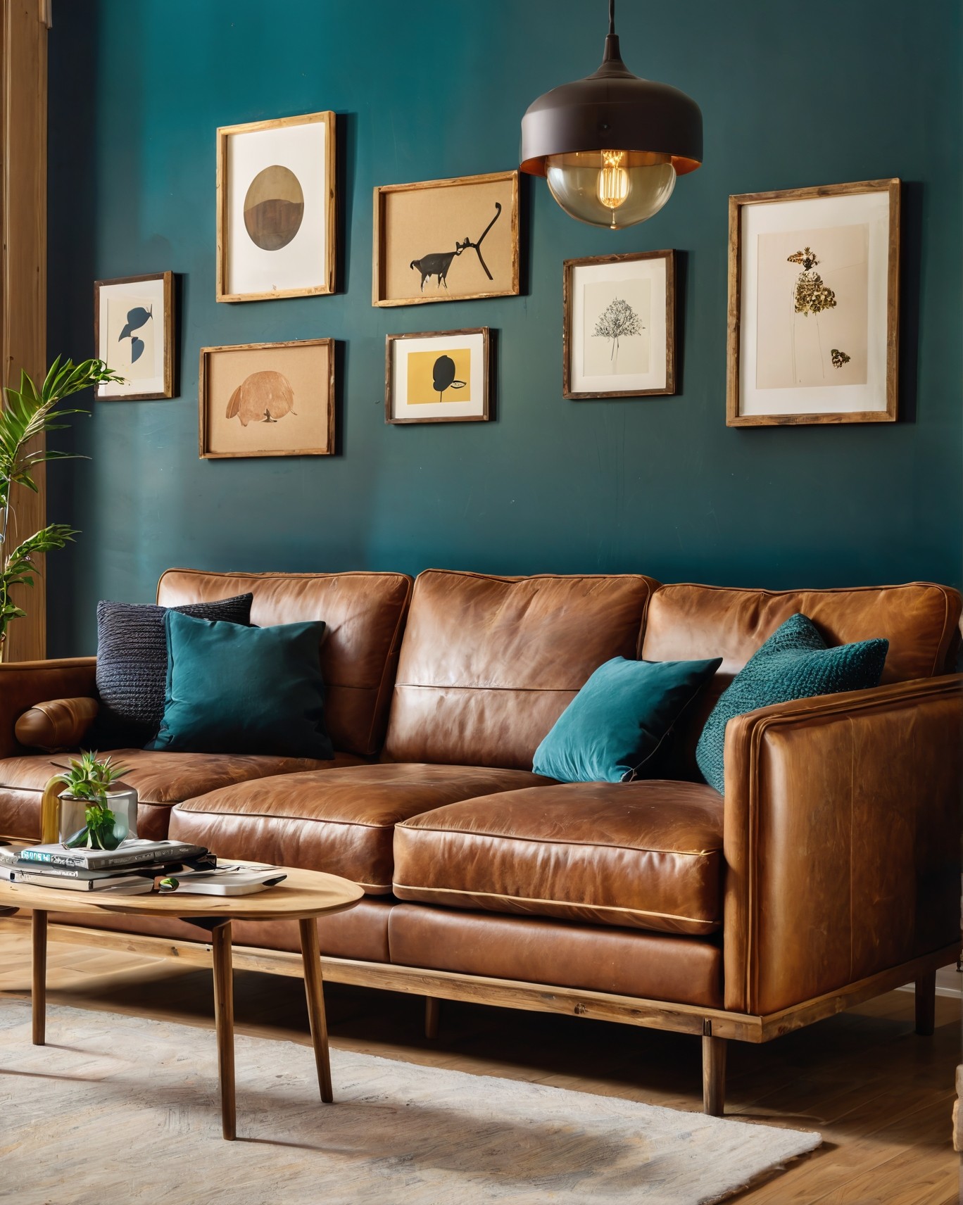 Modern reading lounge with teal walls, brown leather couch, wall-mounted art, and pendant lights — a boutique interior by Modern Habitat