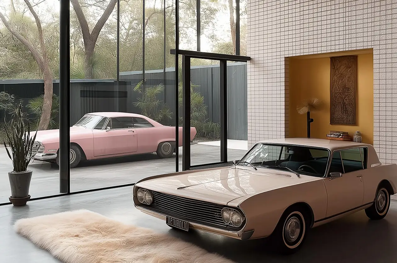 Beige vintage car parked in a modern, open garage.
