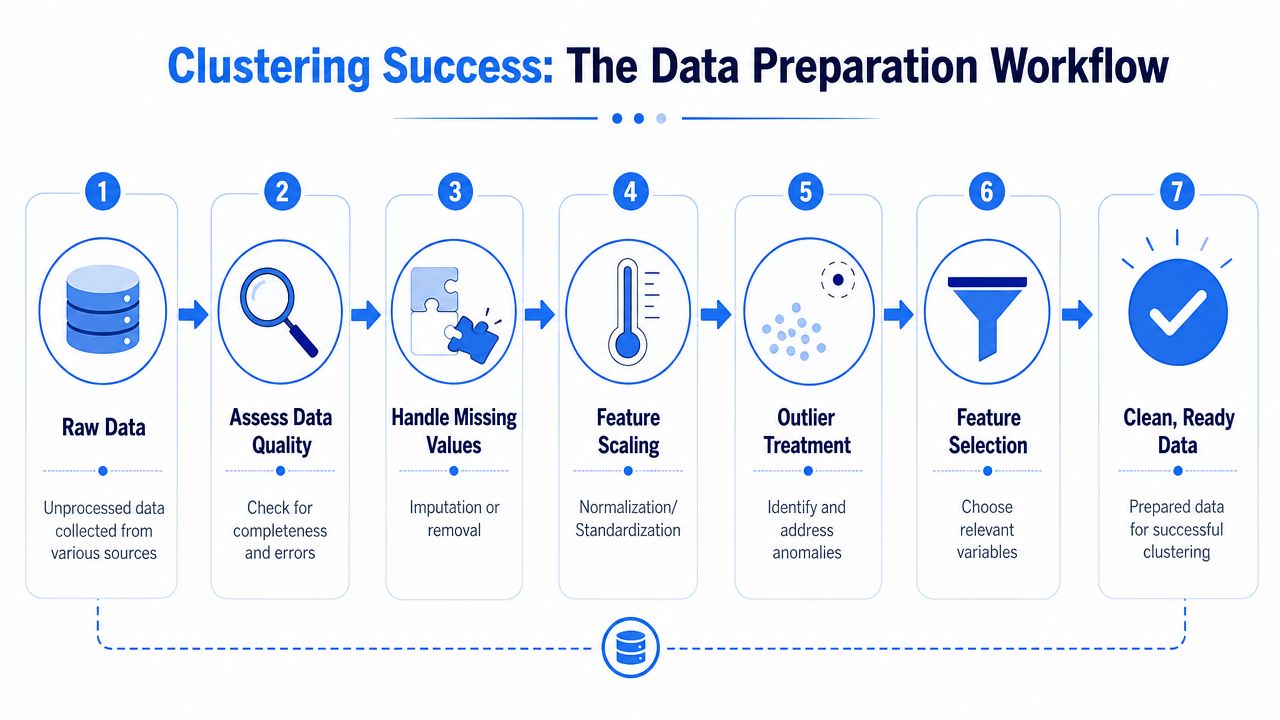 A seven-step flowchart illustration detailing the data preparation workflow steps required for successful statistical cluster analysis.
