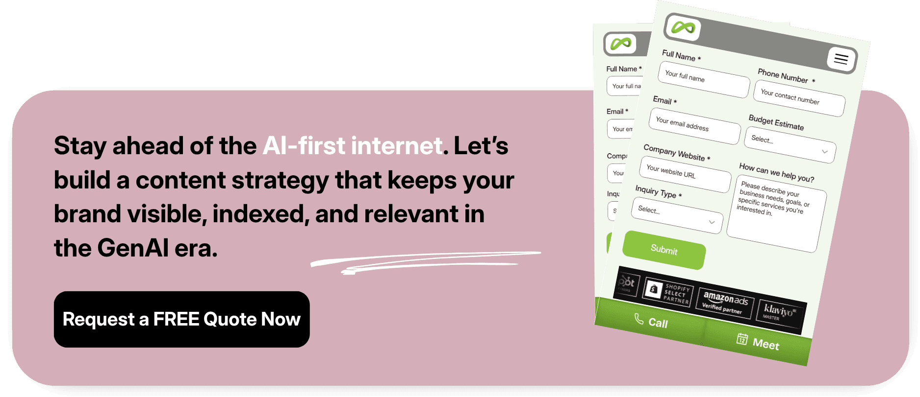 Call-to-action banner with a contact form encouraging businesses to improve AI visibility through content strategy.