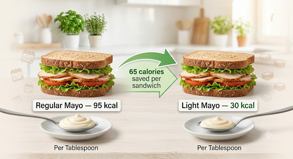 Side-by-side comparison of two turkey sandwiches showing the calorie savings when using light mayonnaise instead of regular mayonnaise per tablespoon.