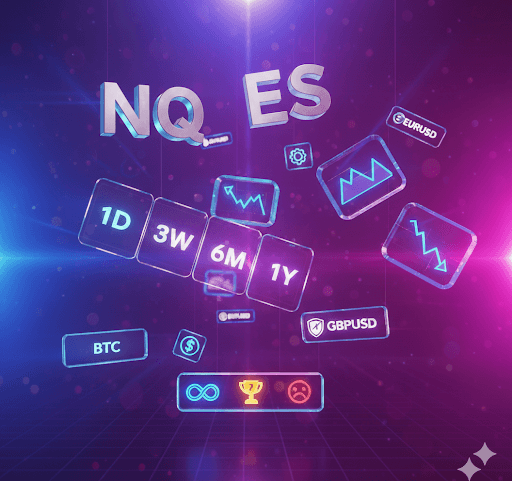 An abstract, stylized illustration of various trading elements floating in a futuristic space. The elements include 3D text for NQ and ES, icons for different timeframes (1D, 3W, 6M, 1Y), currency pairs (EURUSD, GBPUSD), cryptocurrency (BTC), and symbols for profit, loss, and a trophy.