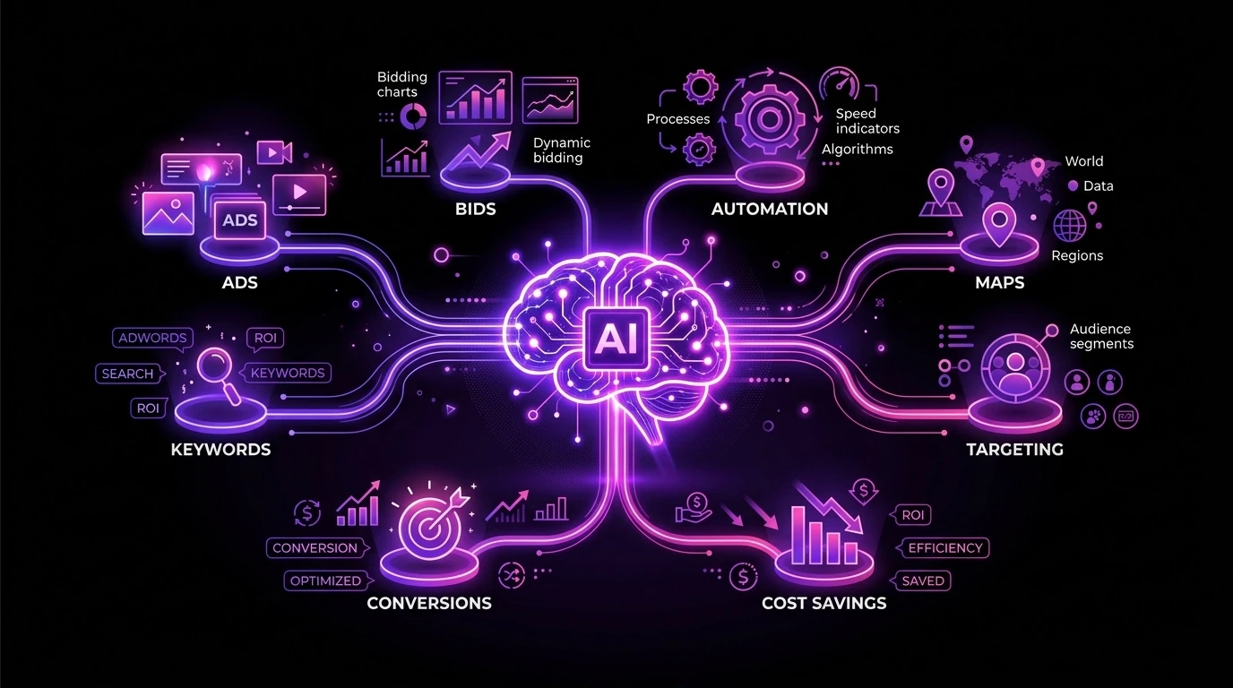 Unique cinematic illustration of an AI optimization engine connected to keywords, bids, maps, and conversion nodes with violet and magenta glow on a deep black background.