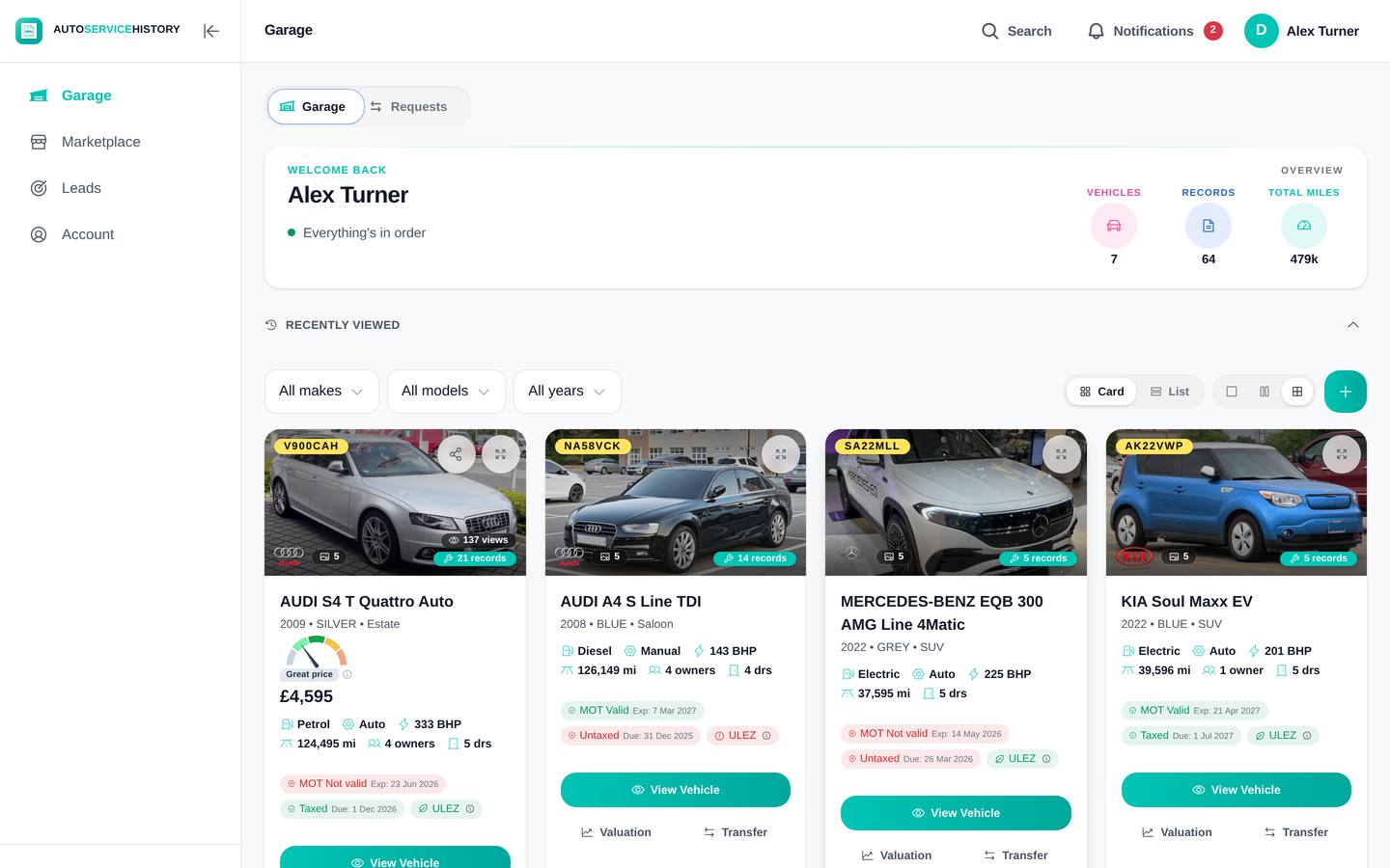 The AutoServiceHistory garage on desktop and mobile