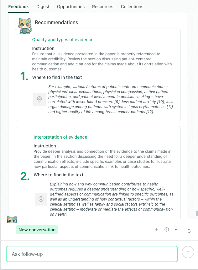 thesify feedback report showing a split between quality of evidence instructions and interpretation of evidence instructions
