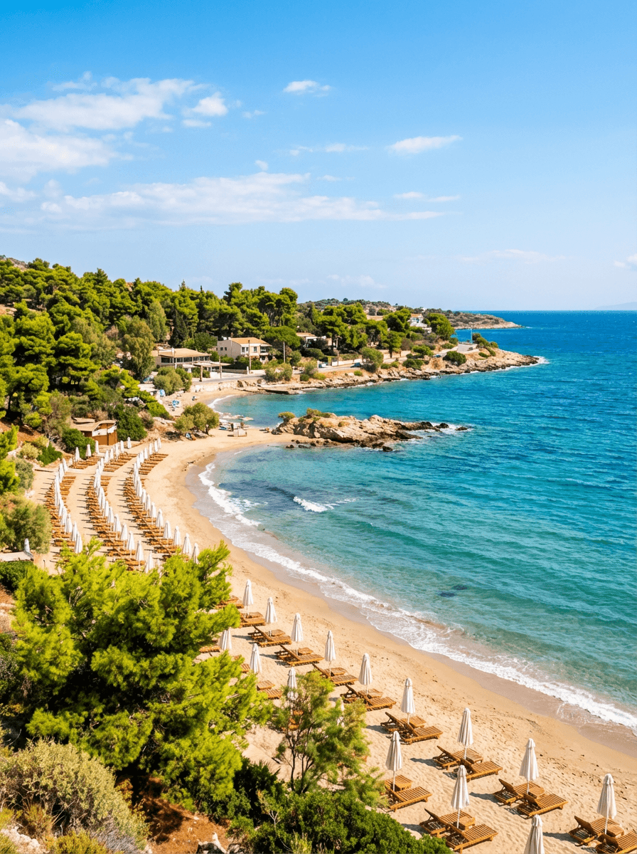 Coastal landscape of the Athenian Riviera with sandy shore and blue sea.