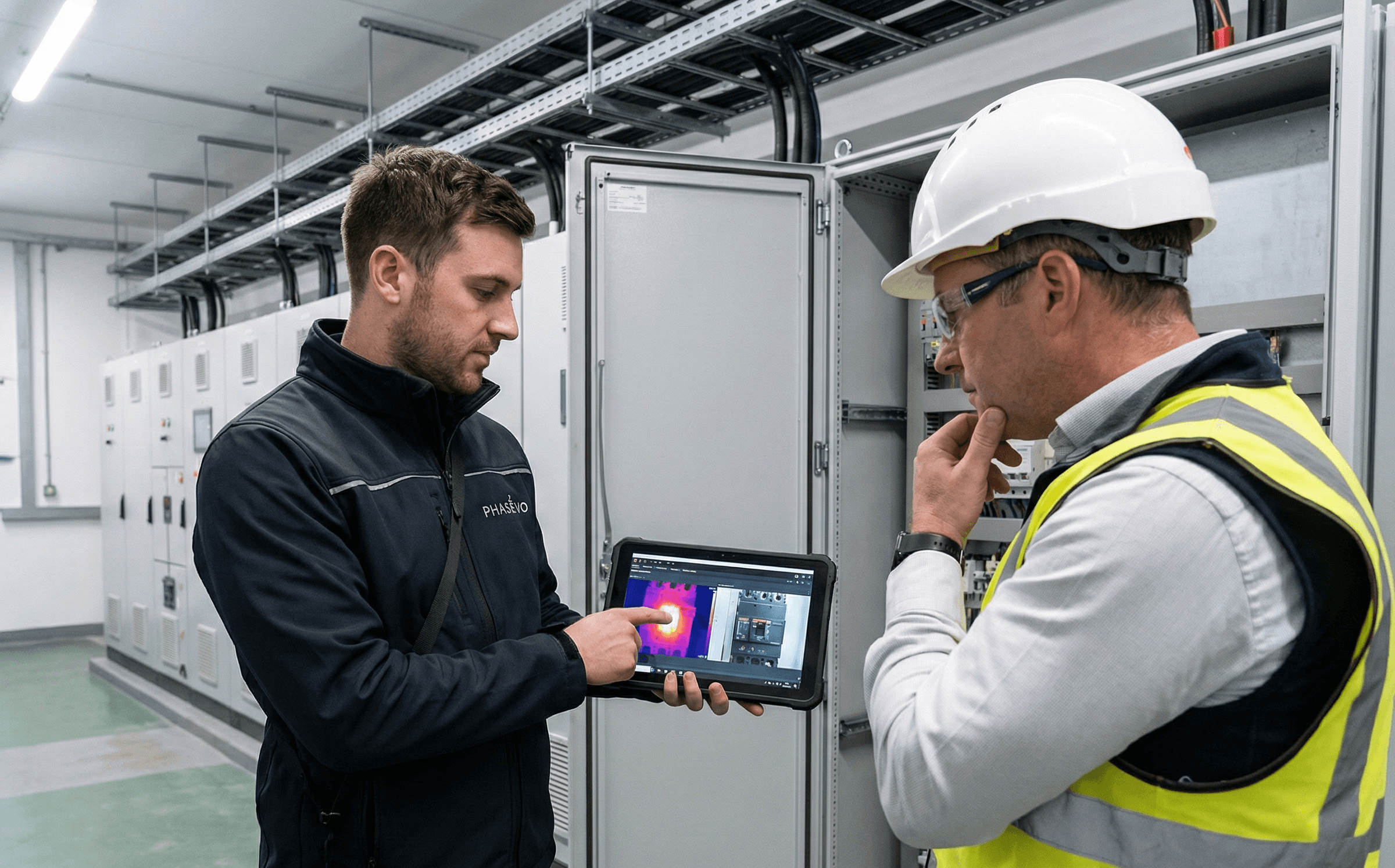 Expert Phasévo présentant les résultats d'un diagnostic thermographique à un responsable technique — audit électrique indépendant, recommandations exploitables