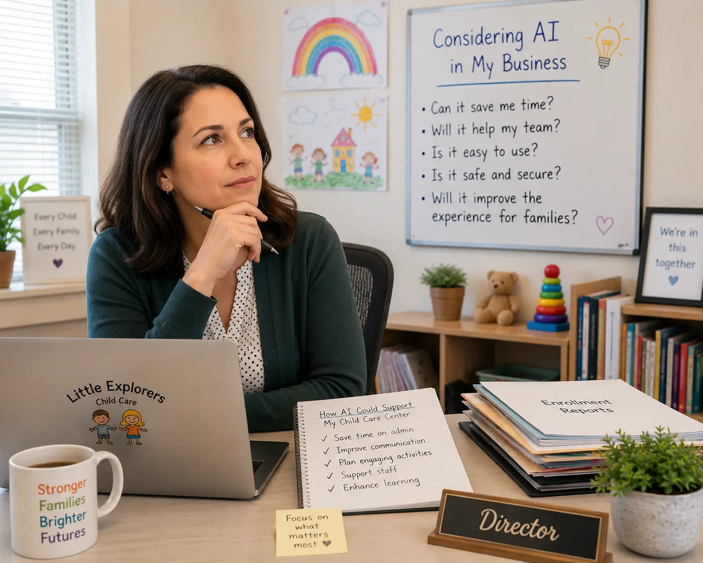 a woman sits at a desk in front of a computer and stares off screen pensively