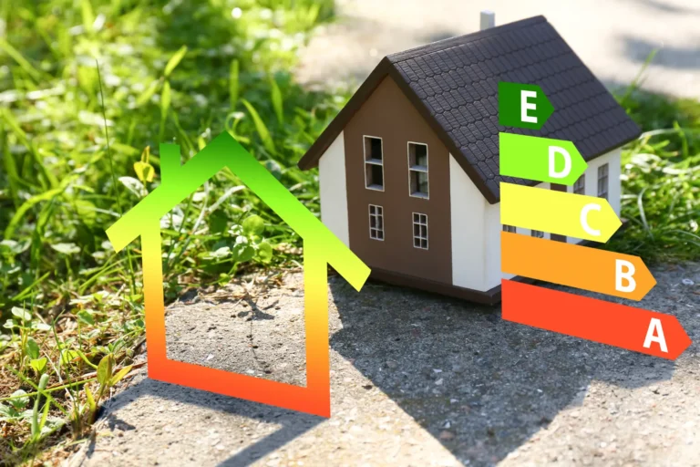 Ein kleines Haus-Symbol neben einer Energieeffizienzskala mit Farben von Grün bis Rot, umgeben von Grünpflanzen.
