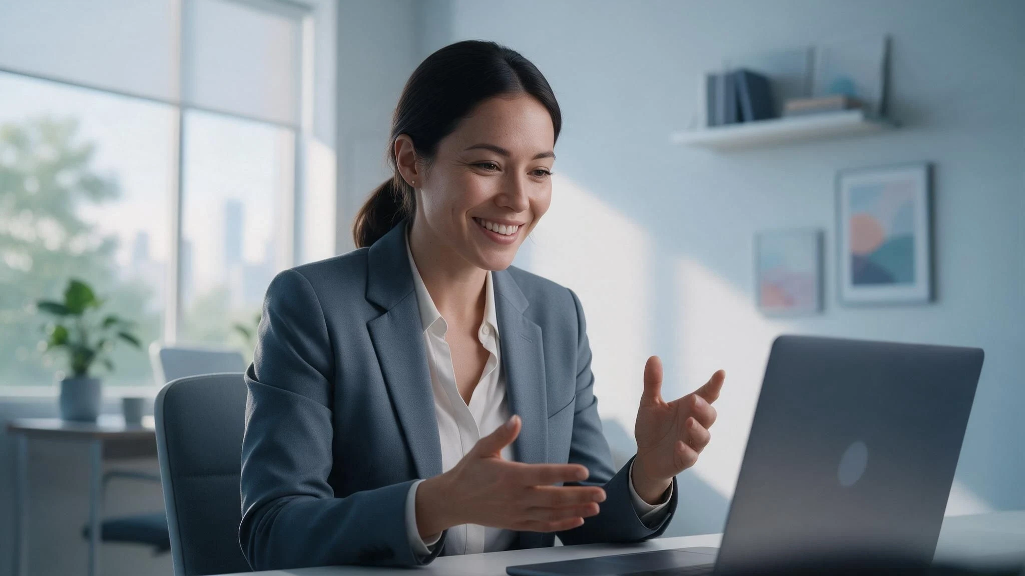 Professional woman smiling and gesturing during a video call on her laptop in a bright modern office, representing a candidate in an AI-powered job interview