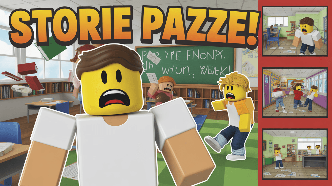 Shocked Roblox student in chaotic classroom with Storie Pazze headline and comic panels