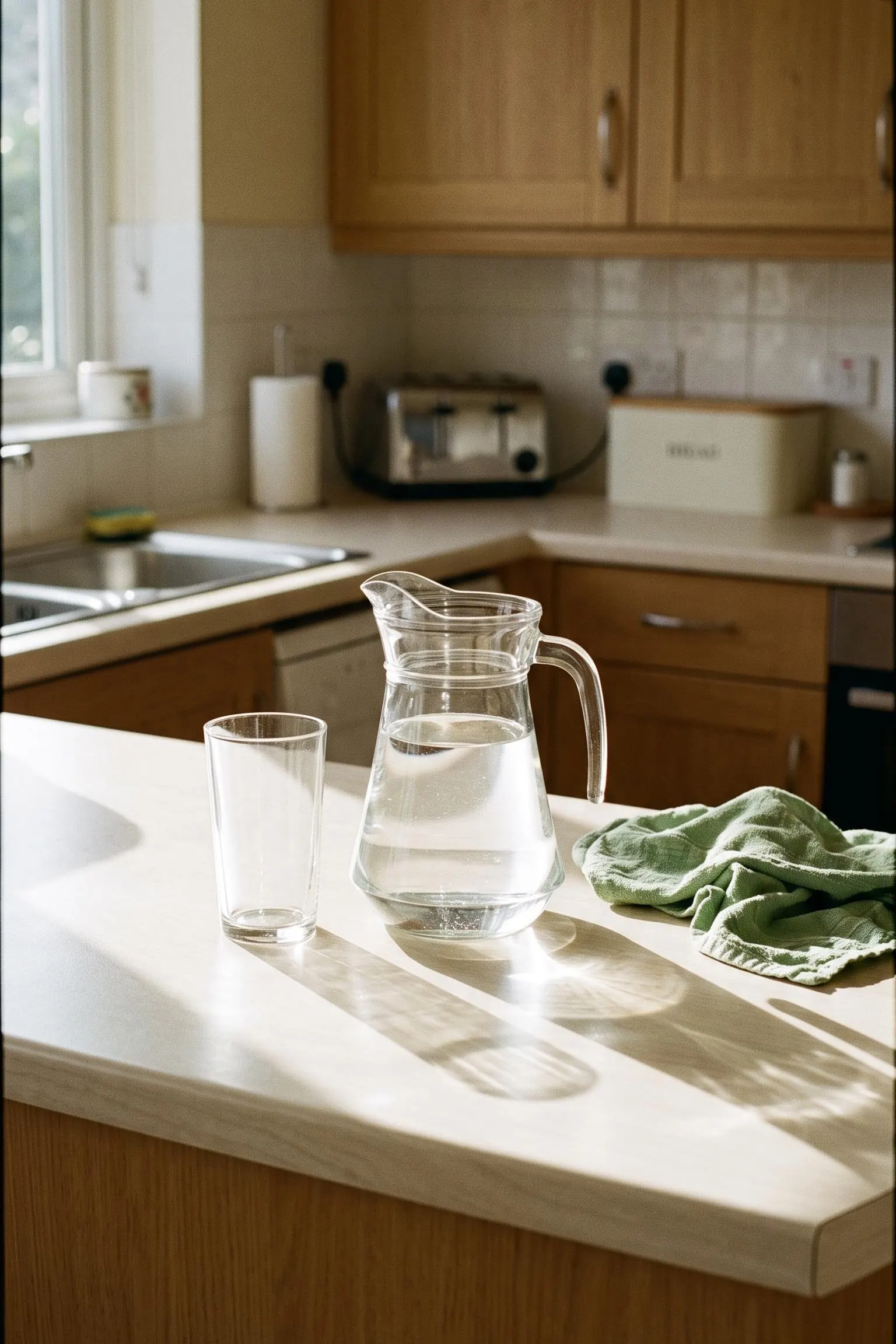 A glass jug of water and a drinking glass on a kitchen worktop in bright sun, casting sharp shadows