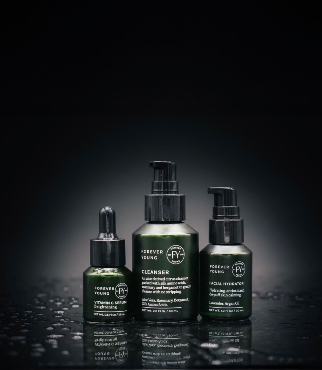 SFY Labs+ Forever Young Routine hero image showing 3-step skincare set for men — cleanser, serum, and hydrator designed for healthy, confident skin.