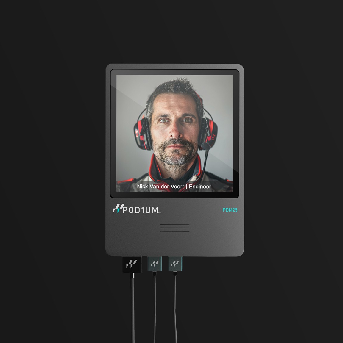 Pod1um ai device in black with race engineer