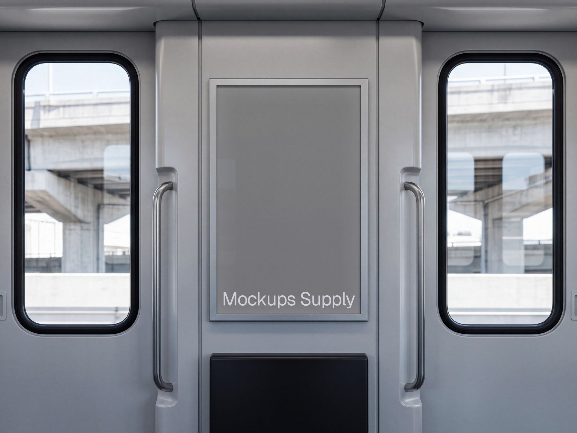 Subway car poster mockup showing a large advertising panel inside a city train carriage