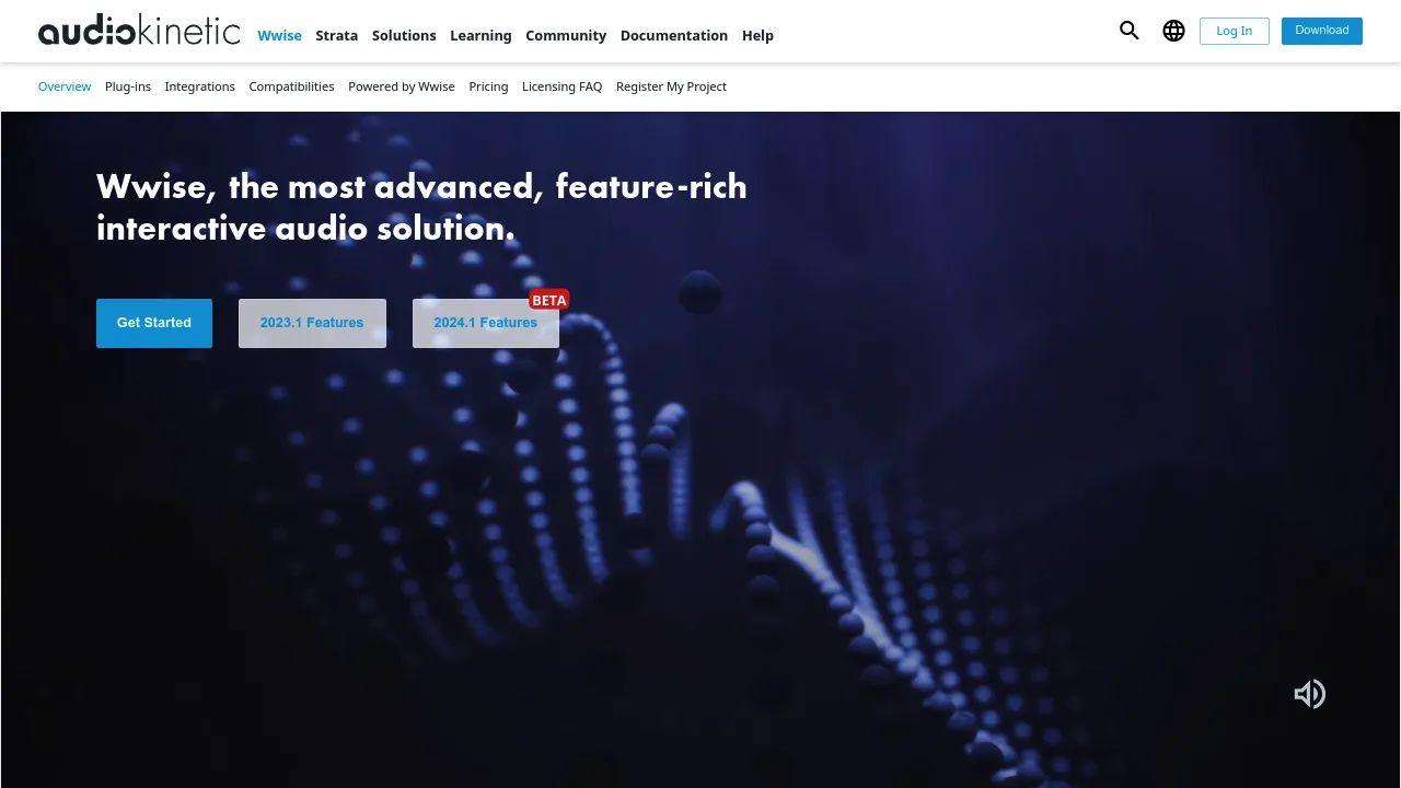 Screenshot of the Wwise website showing comprehensive audio middleware for interactive sound design