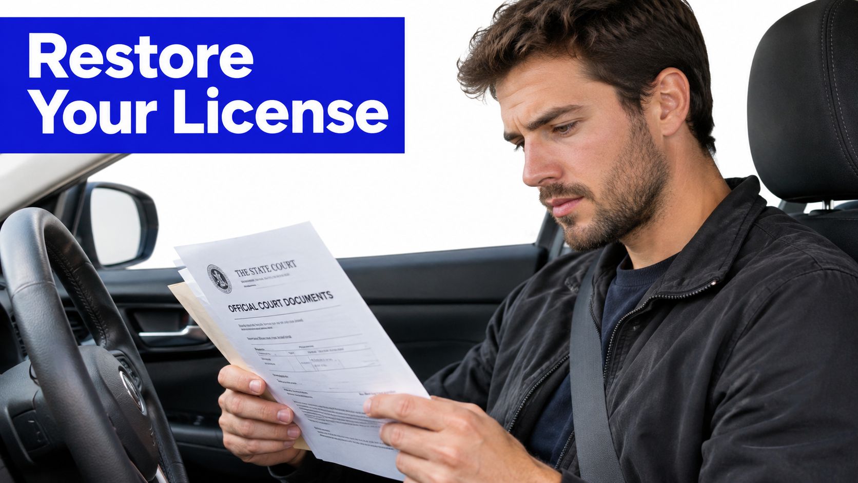 A concerned young man sitting in his car while reviewing official court documents regarding his driver license.