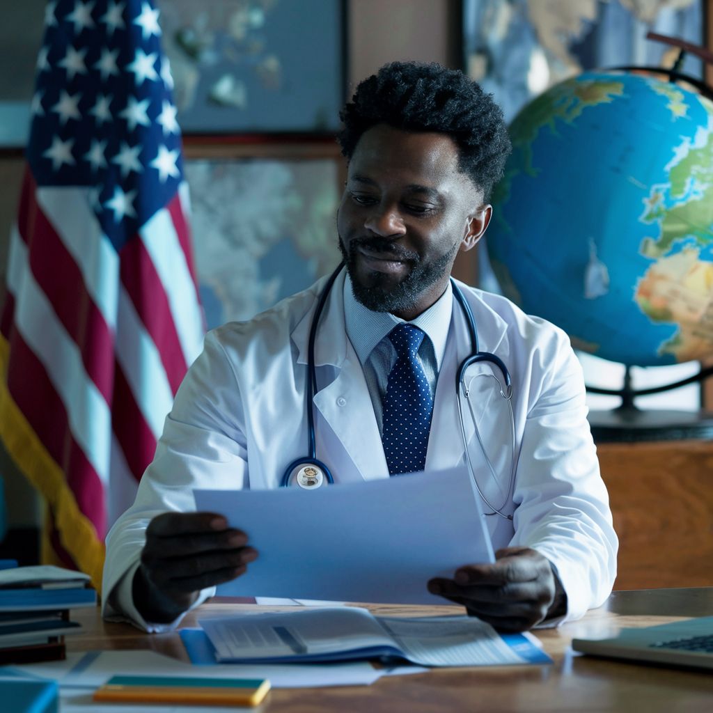 A compassionate and professional USCIS-approved doctor reviews a medical chart in an office, with symbols of immigration like an American flag and a globe in the background, illustrating the care and thoroughness of the medical examination process for immigrants.