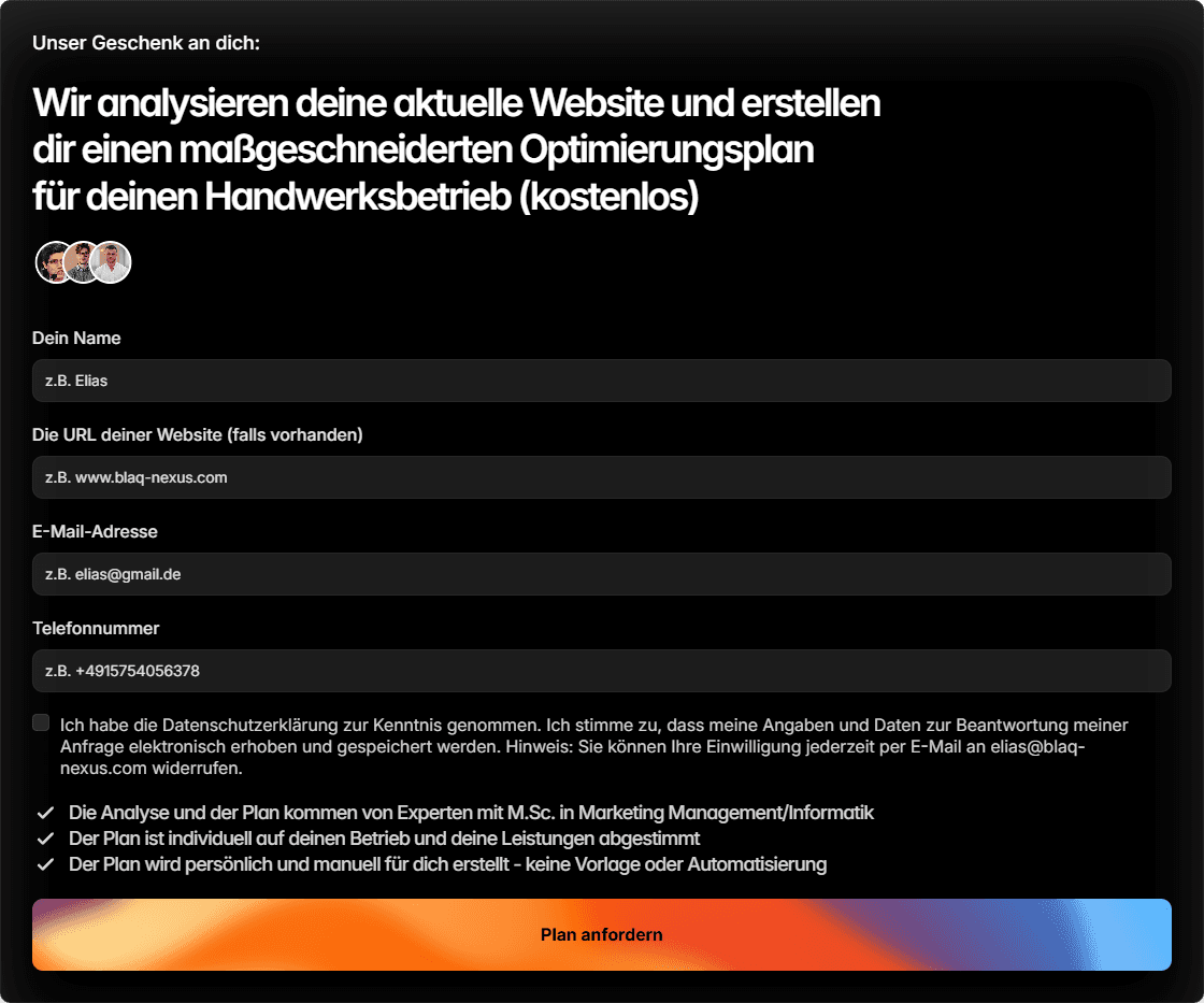 ein kontaktformular, auf dem angeboten wird einen optimierungsplan anzufordern