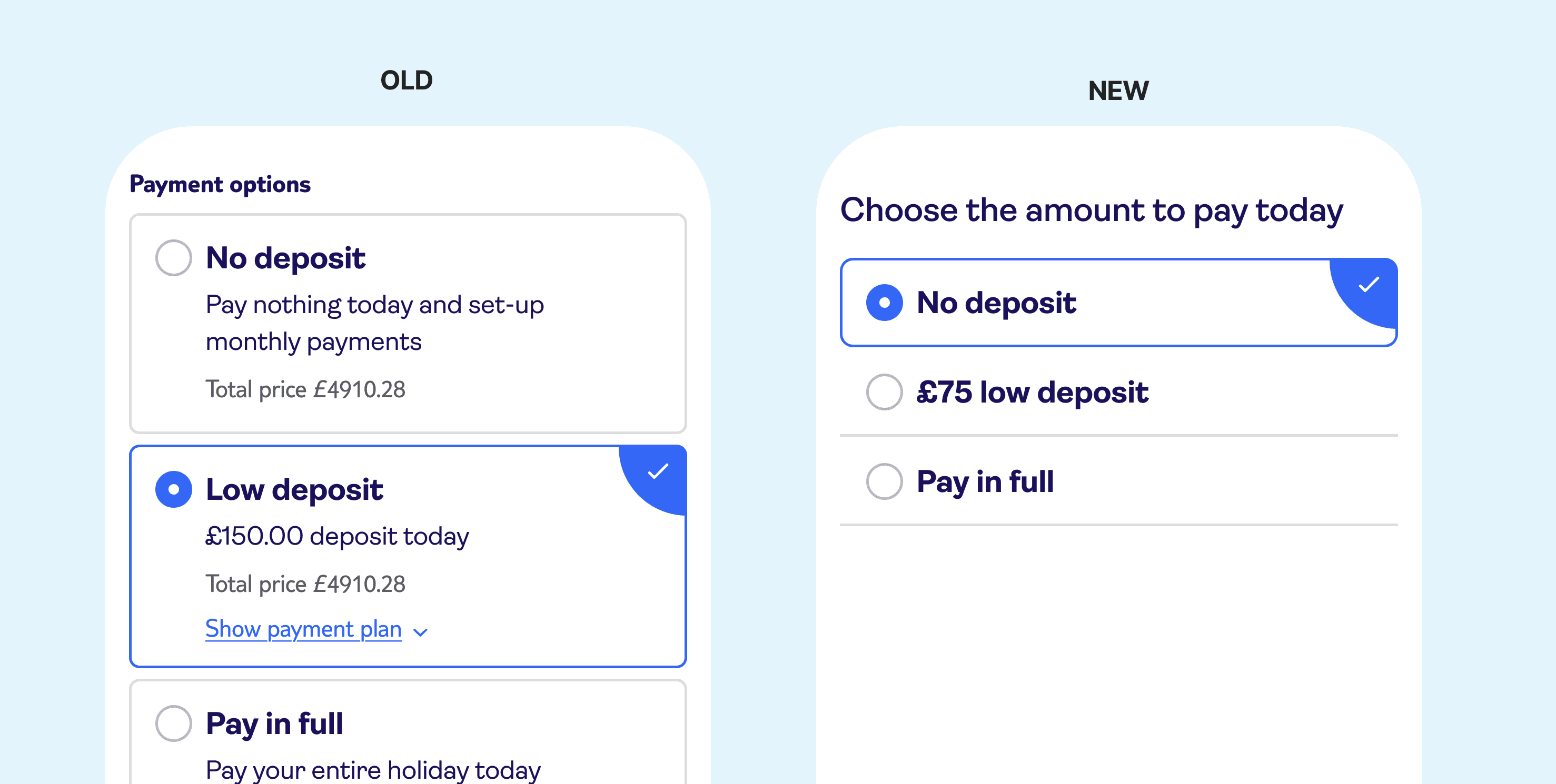 Comparison between the old and new payment options section, with content removed.