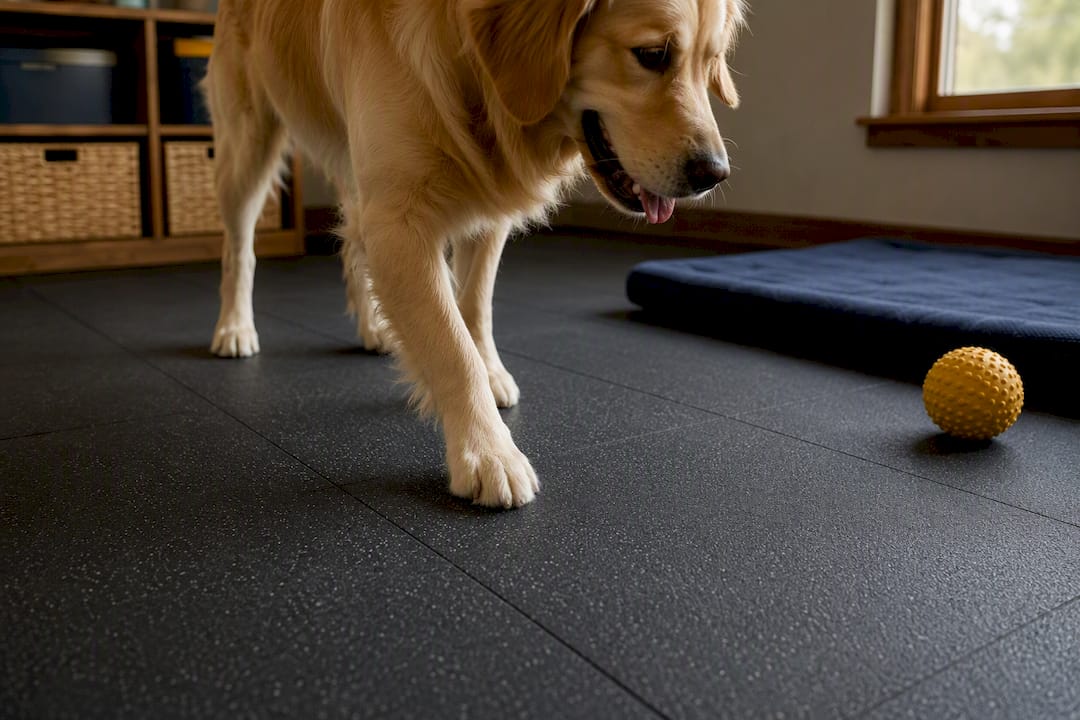 Dog walking across textured rubber flooring