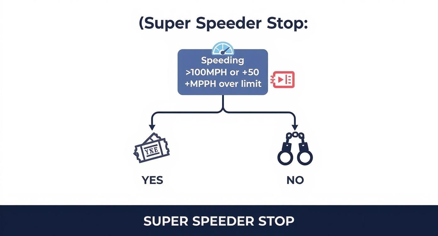 An infographic decision tree showing that speeding over 100 MPH or 50 MPH over the limit can lead to a criminal charge, unlike a standard ticket.