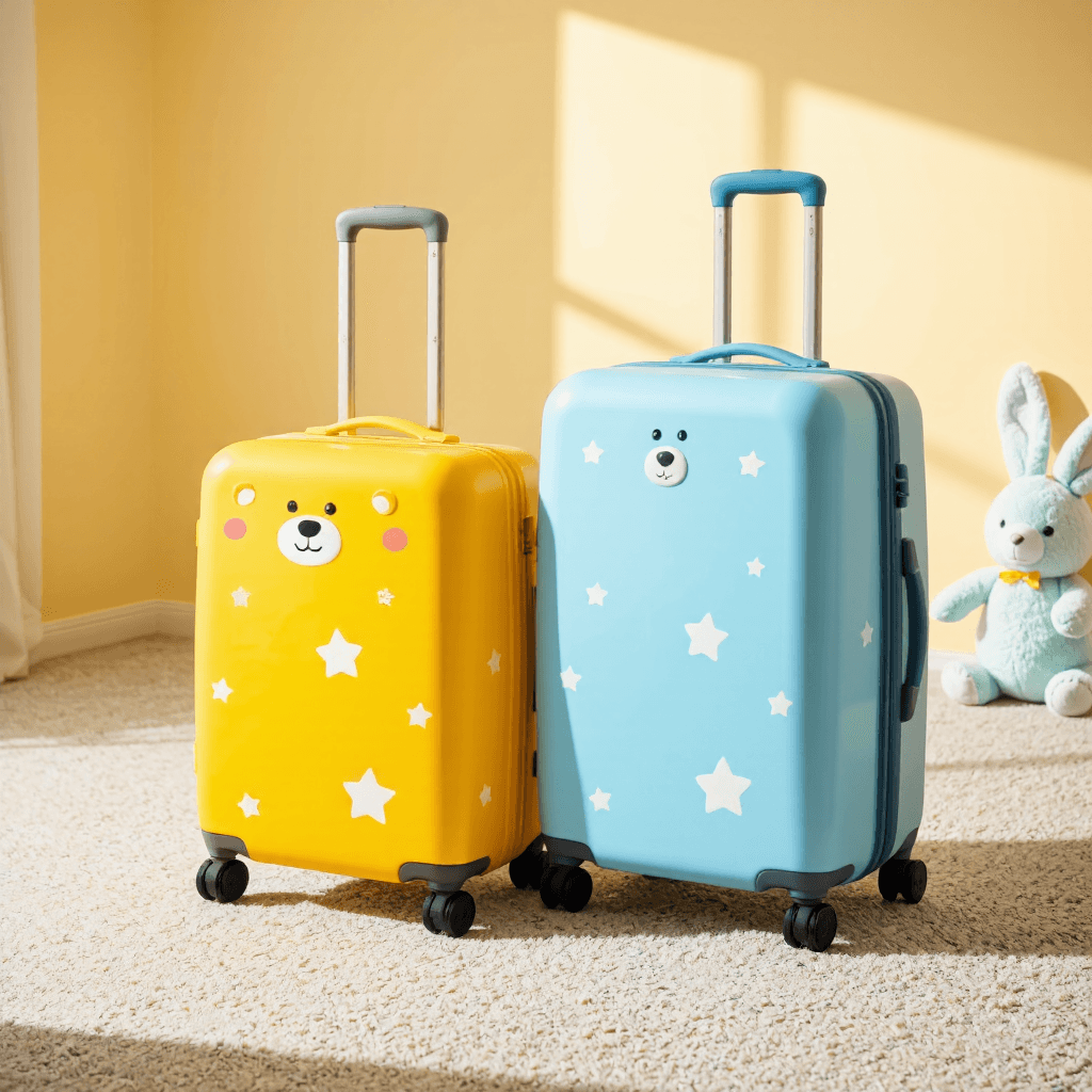 product photography of a set of children's suitcases with cartoon bear designs