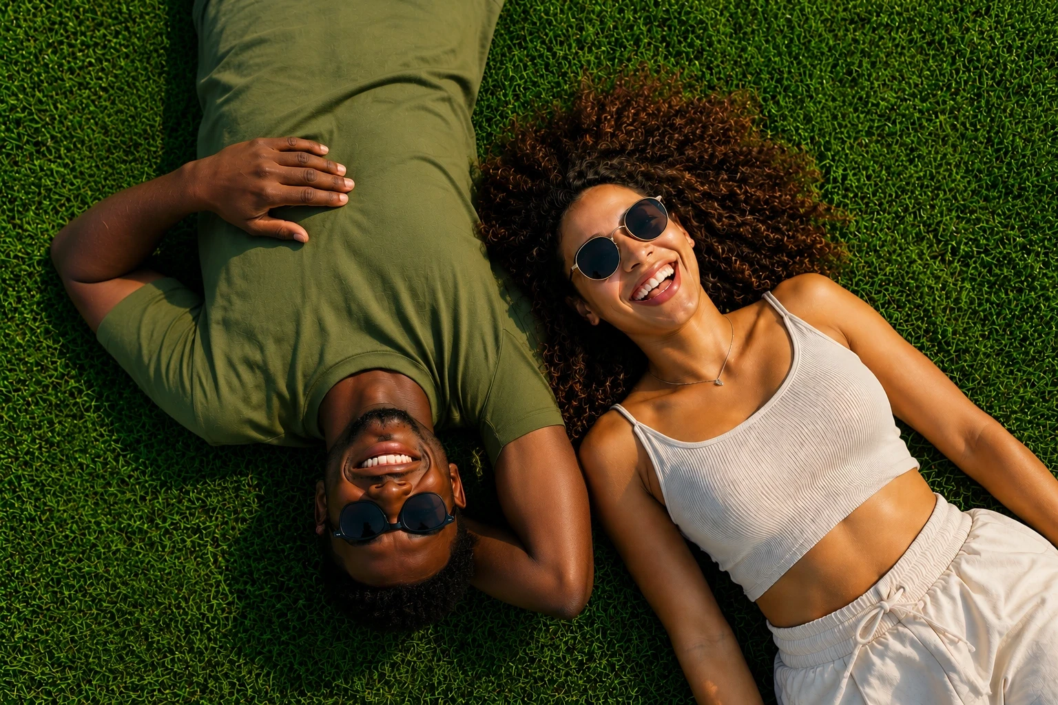 Man and woman lying on a grass