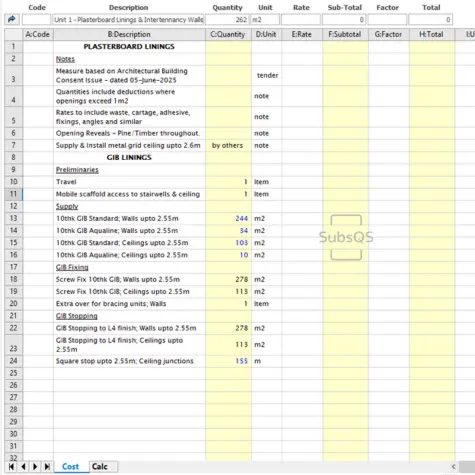 GIB Wallboard linings quantities take-off in CostX by SubsQS